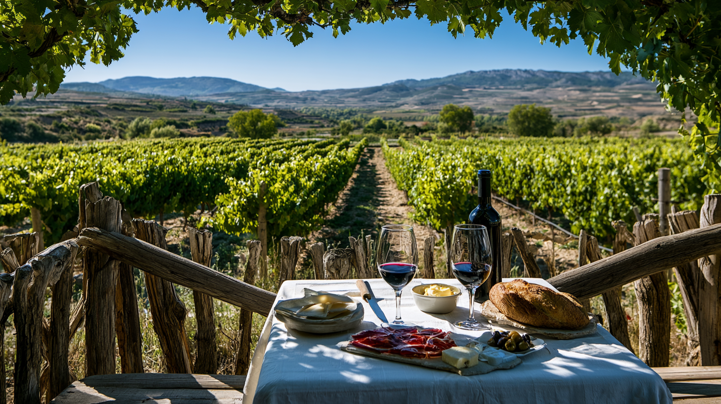 Rioja vineyard lunch with wine, jamón, and mountain views